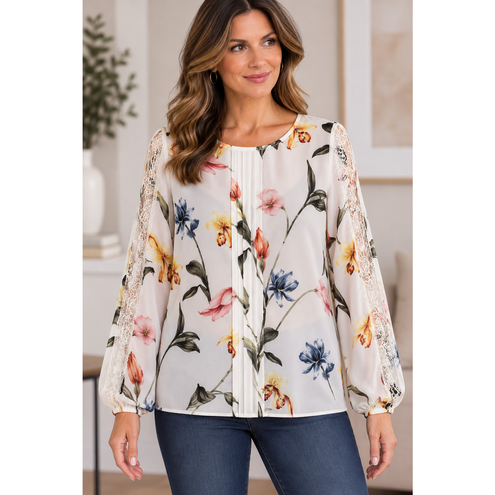 White House Black Market Women’s L Floral Blouse Lace Sleeve Pleated Chiffon Top - Picture 2 of 7